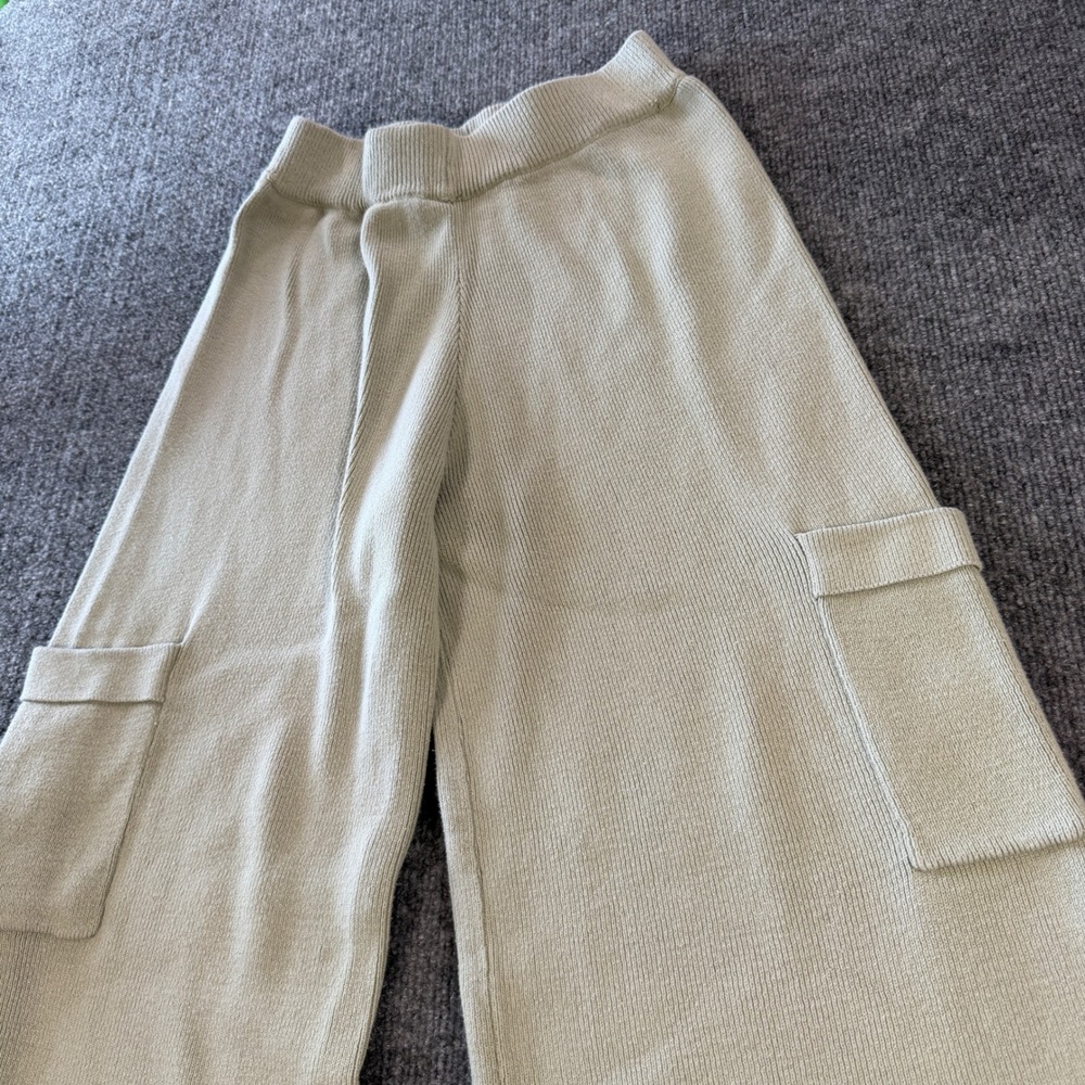 Boho Sincerely Jules Ribbed Knit Cargo Wide Leg Pants Sage Green ST21794 Size M